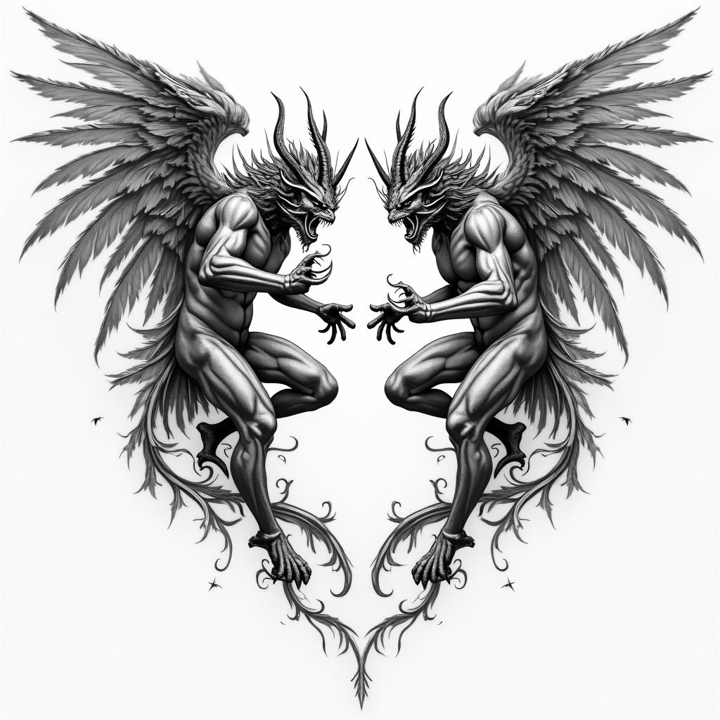 Renaissance demon battling angelshigly detailed tattoo - Variation 4