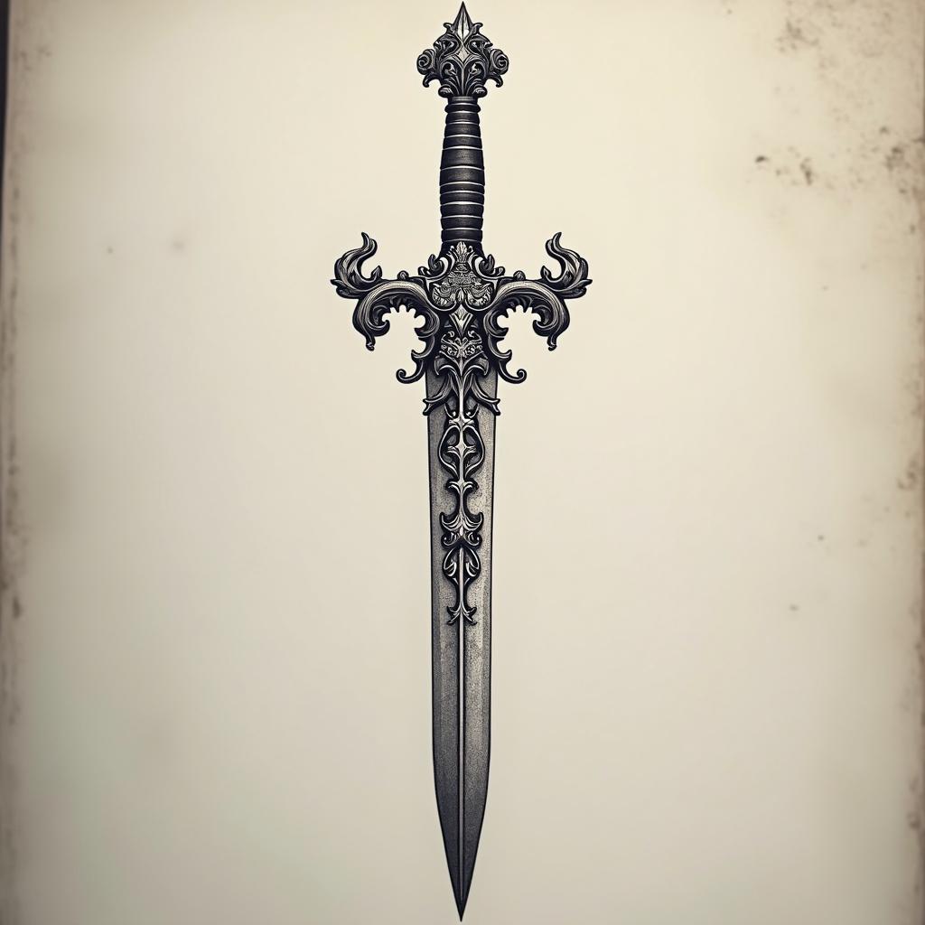A tattoo design featuring an ornate sword handle, intricately detailed with carvings and embellishments, showcasing a mix of elegance and strength.undefined