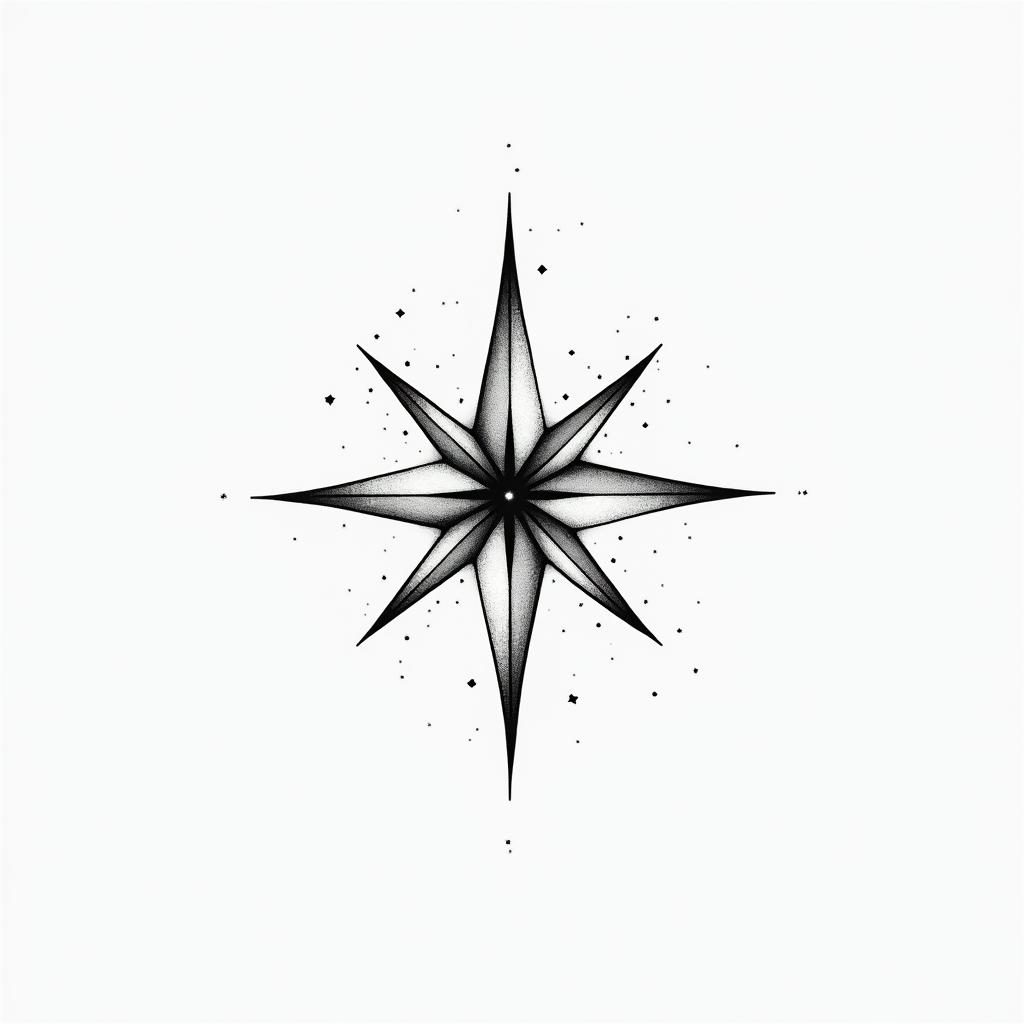 Nature sparkle starin minimalist style tattoo, featuring simple shapes and fine lines, with minimal shading and details, tiny triangles, creating a sense of balance and harmony