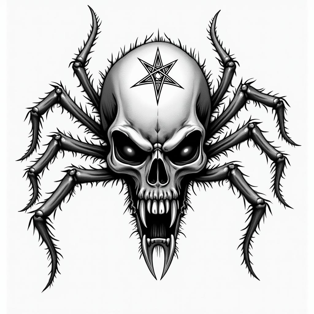 Spidercreepy horror tattoo style, featuring an eerie and unsettling skull of a demonic creature, distorted face with sharp fangs, add pentagram symbol