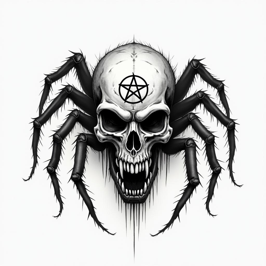 Spidercreepy horror tattoo style, featuring an eerie and unsettling skull of a demonic creature, distorted face with sharp fangs, add pentagram symbol - Variation 2