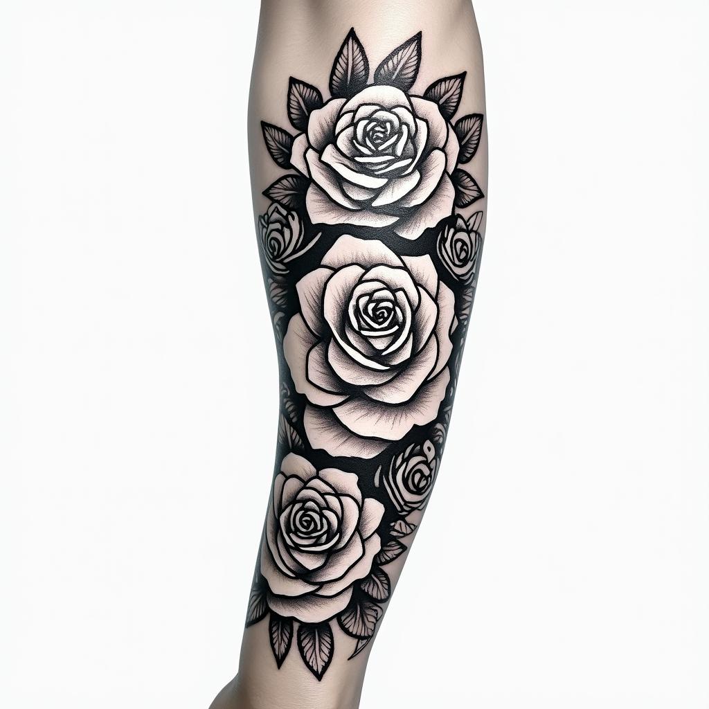 Forearm tattoo. With roses of different sizes but not too large. Fine lines.in tribal tattoo style, featuring bold and black geometric shapes, curved lines, intertwine and flow seamlessly, creating a powerful and symbolic design, polynesian and maori styles
