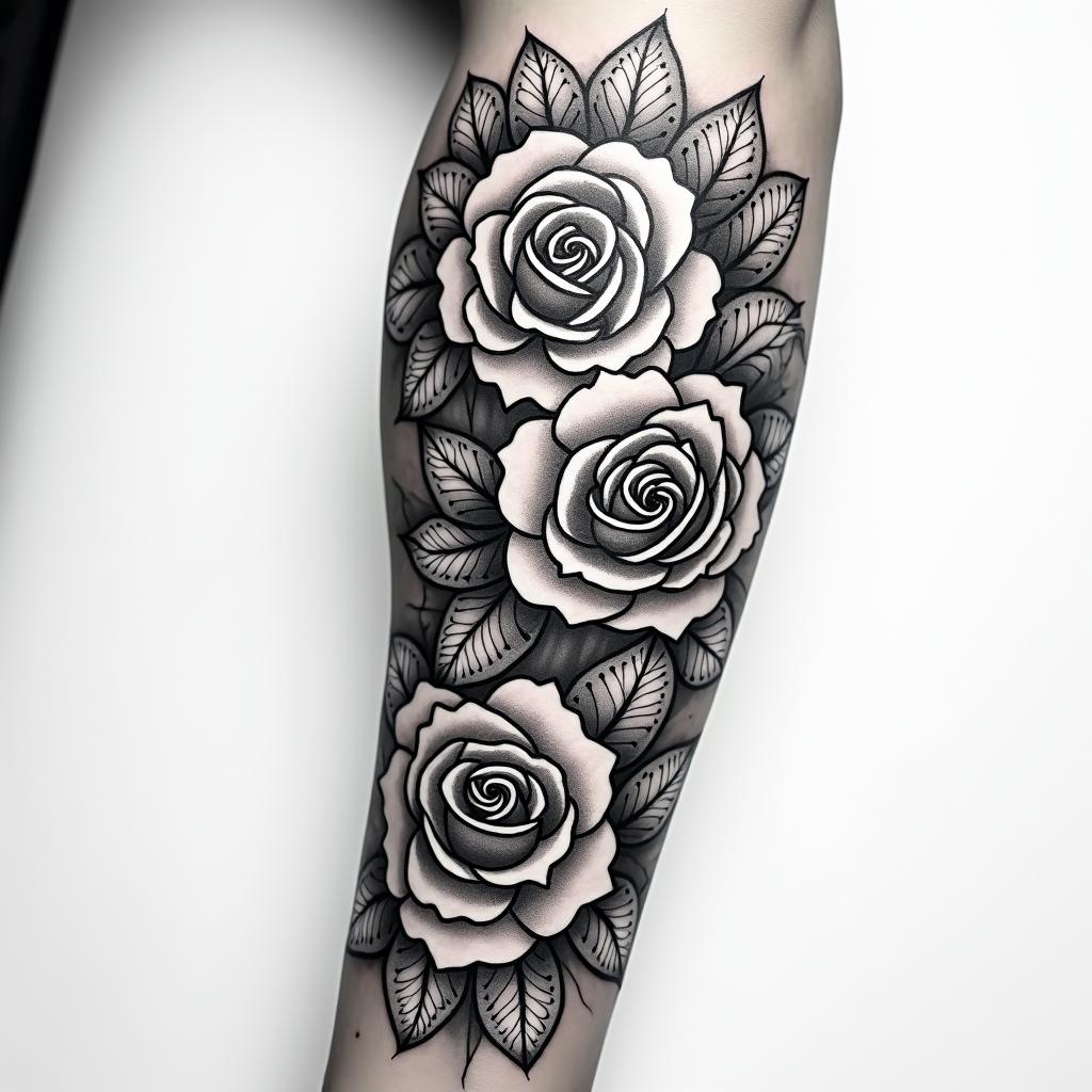 Forearm tattoo. With roses of different sizes but not too large. Fine lines.in tribal tattoo style, featuring bold and black geometric shapes, curved lines, intertwine and flow seamlessly, creating a powerful and symbolic design, polynesian and maori styles - Variation 3