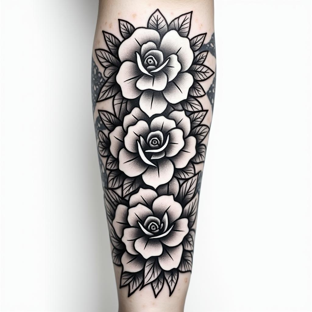 Forearm tattoo. With roses of different sizes but not too large. Fine lines.in tribal tattoo style, featuring bold and black geometric shapes, curved lines, intertwine and flow seamlessly, creating a powerful and symbolic design, polynesian and maori styles - Variation 2