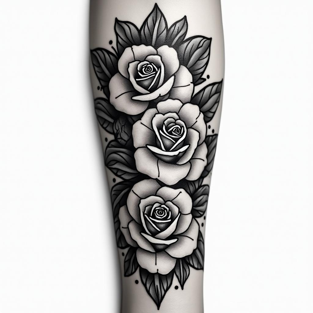Forearm tattoo. With roses of different sizes but not too large. Fine lines.in tribal tattoo style, featuring bold and black geometric shapes, curved lines, intertwine and flow seamlessly, creating a powerful and symbolic design, polynesian and maori styles - Variation 4