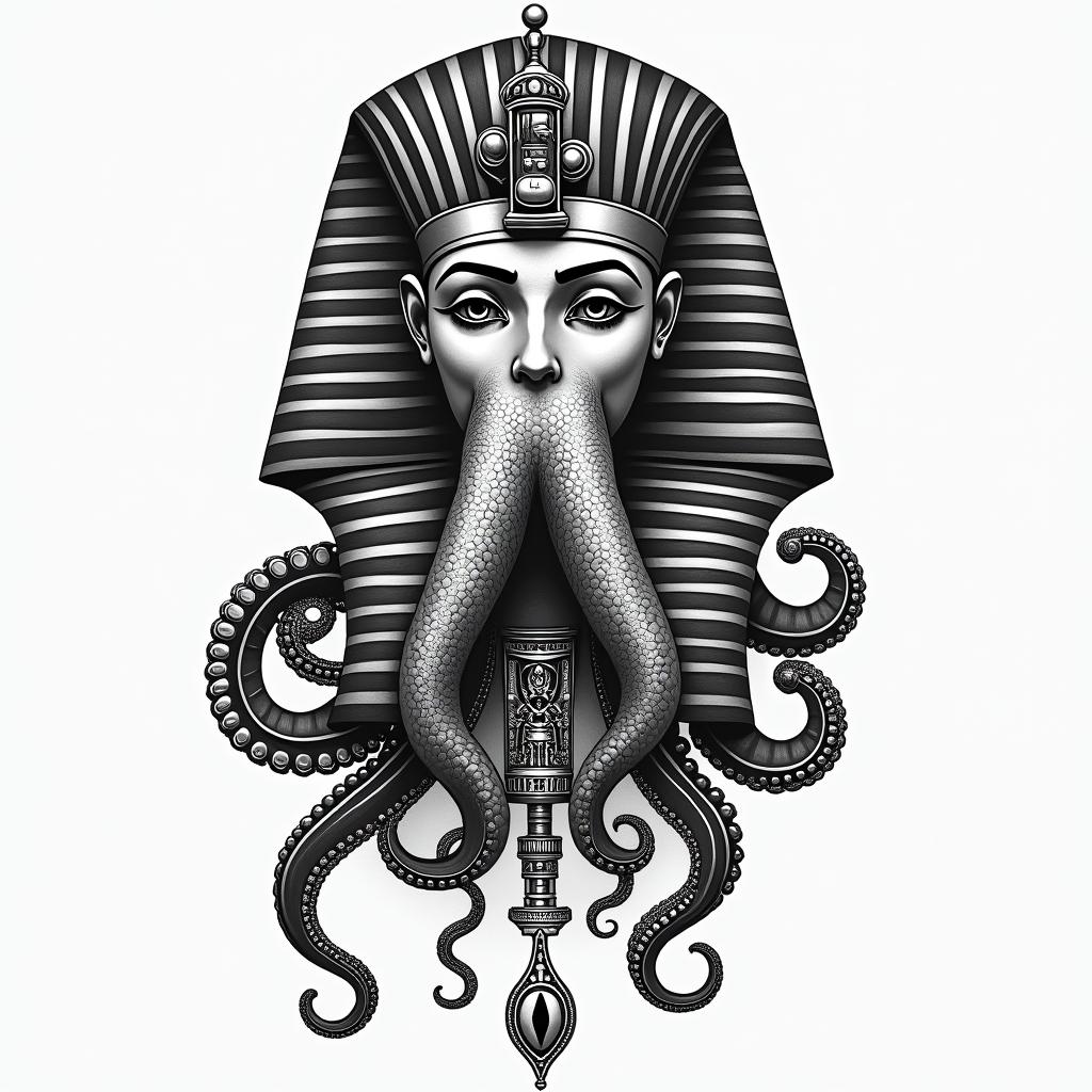 Make an octopus for the forearm.in egyptian style tattoo, bold elements of ancient egyptian culture including a portrait of an Egyptian pharaoh with detailed facial features, in hieroglyphs and symbolic imagery, eye of horus, ankh symbol, scarab beetle