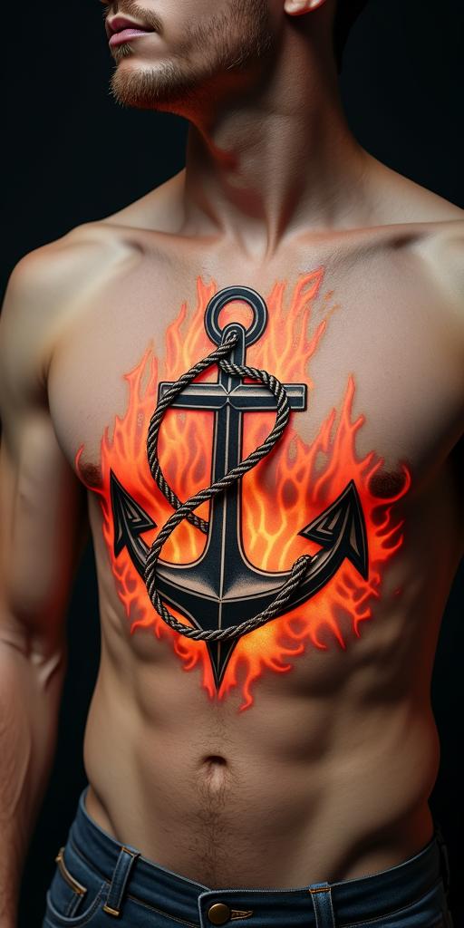 Anchor with nautical rope and compassin flame tattoo style showcasing fiery elements with dynamic flame patterns, glowing effect of flames, natural colors - Variation 4