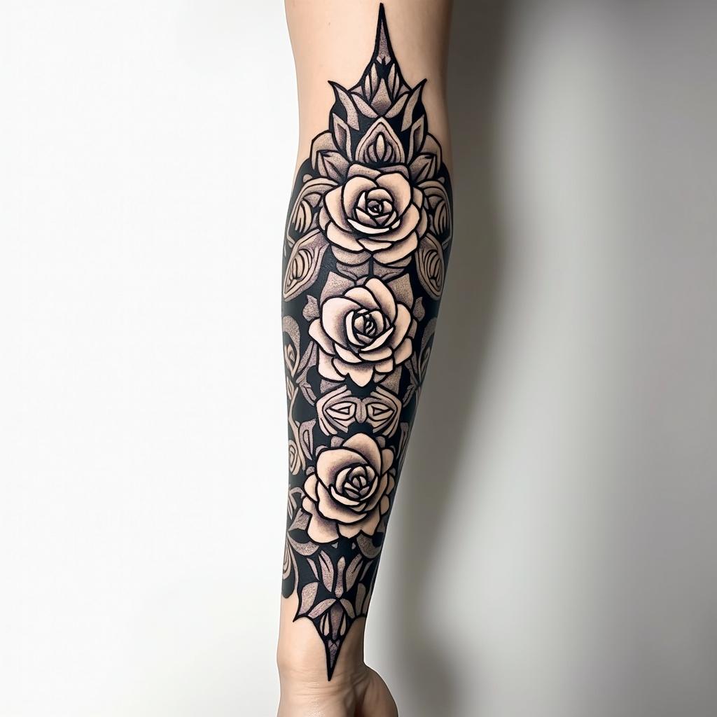 Forearm tattoo. With roses of different sizes but not too big. Fine lines, it's for a woman's arm.in tribal tattoo style, featuring bold and black geometric shapes, curved lines, intertwine and flow seamlessly, creating a powerful and symbolic design, polynesian and maori styles - Variation 2