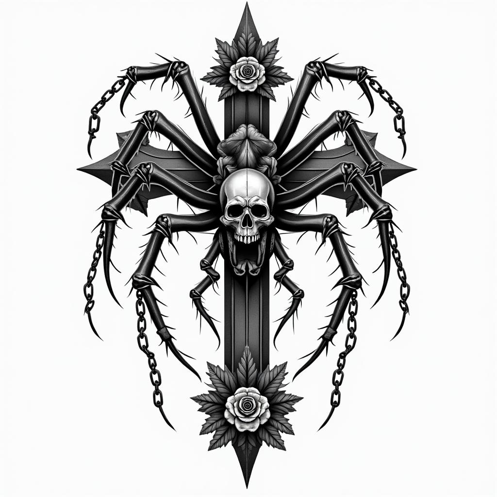 Spiderin chicano style tattoo, featuring intricate black and grey shading, bold elements of traditional chicano culture symbols, add a big cross with skull, chains and roses