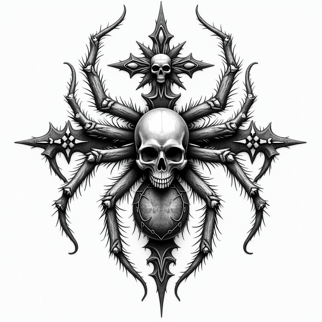 Spiderin chicano style tattoo, featuring intricate black and grey shading, bold elements of traditional chicano culture symbols, add a big cross with skull, chains and roses - Variation 4