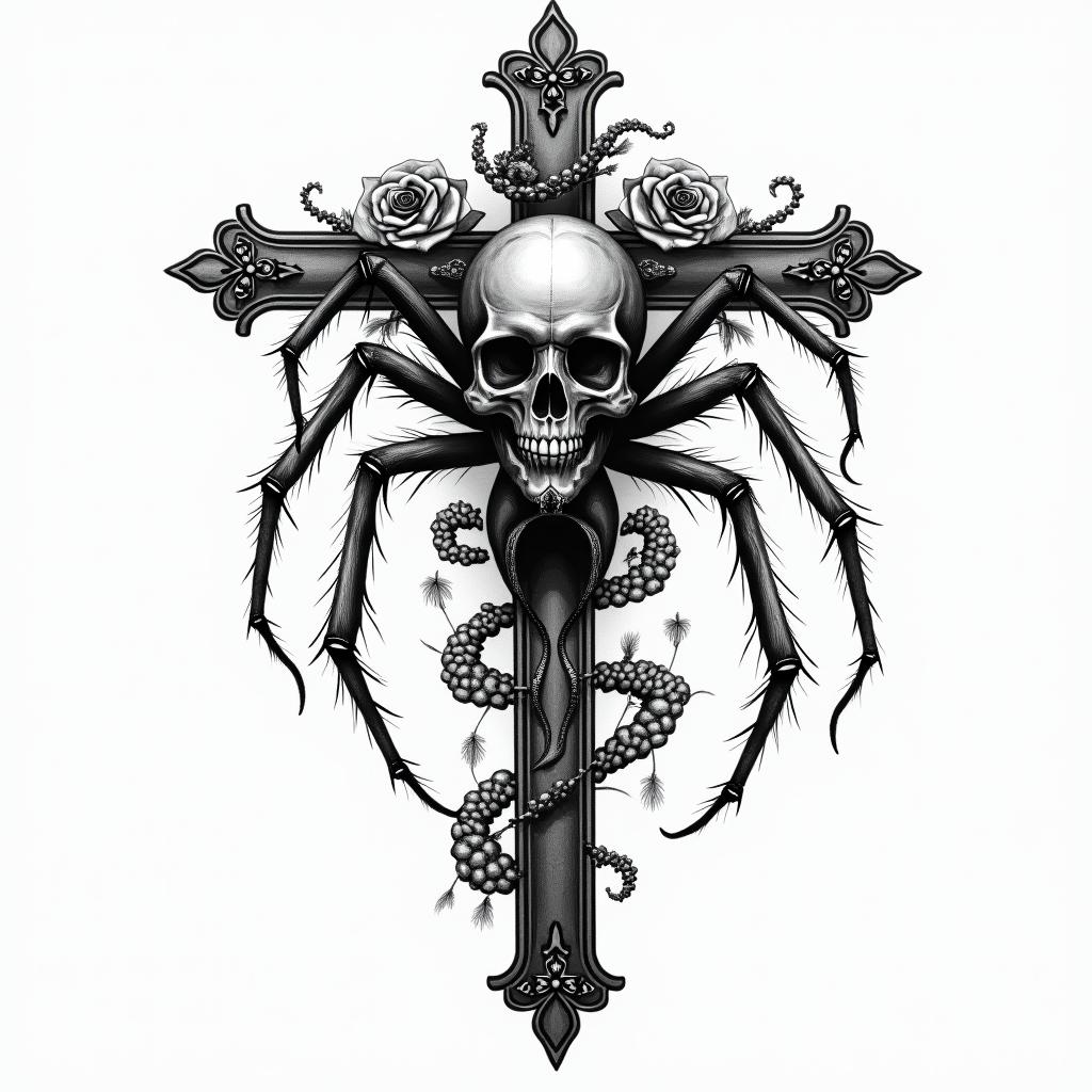 Spiderin chicano style tattoo, featuring intricate black and grey shading, bold elements of traditional chicano culture symbols, add a big cross with skull, chains and roses - Variation 3