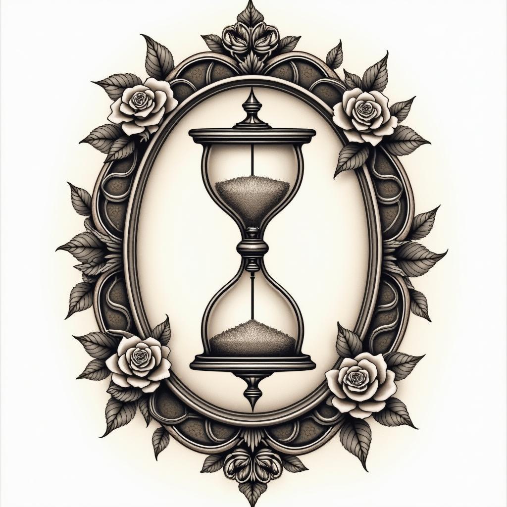 Broken sand timerin victorian style tattoo, featuring vintage and elegant elements, ornate frames, roses, antique, sepia-toned color scheme - Variation 4