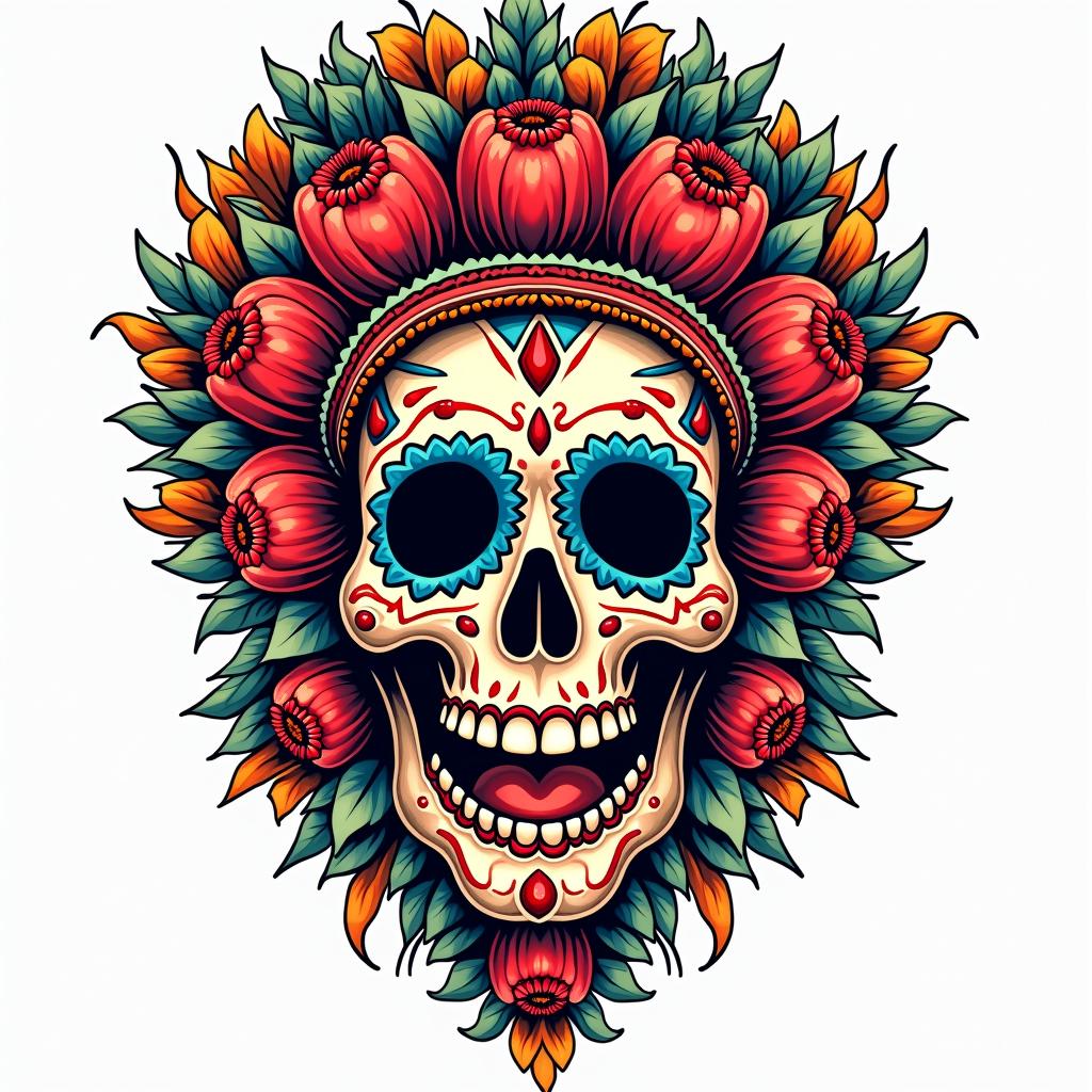 Mictlantecutliin pop art style tattoo, featuring bold and vibrant colors, exaggerated outlines, iconic imagery, inspired by comic books and speech bubbles, comic book characters, retro pop culture