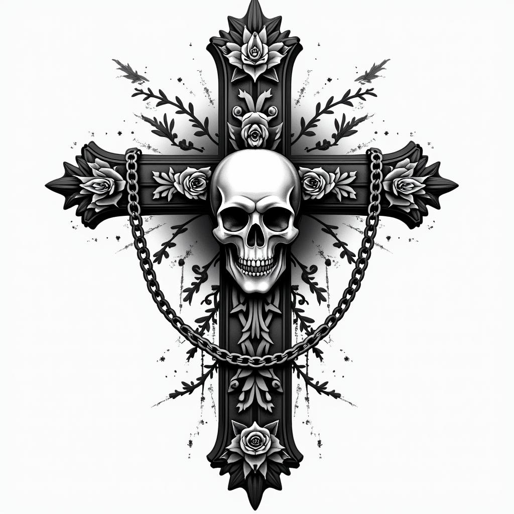 Killerin chicano style tattoo, featuring intricate black and grey shading, bold elements of traditional chicano culture symbols, add a big cross with skull, chains and roses - Variation 8