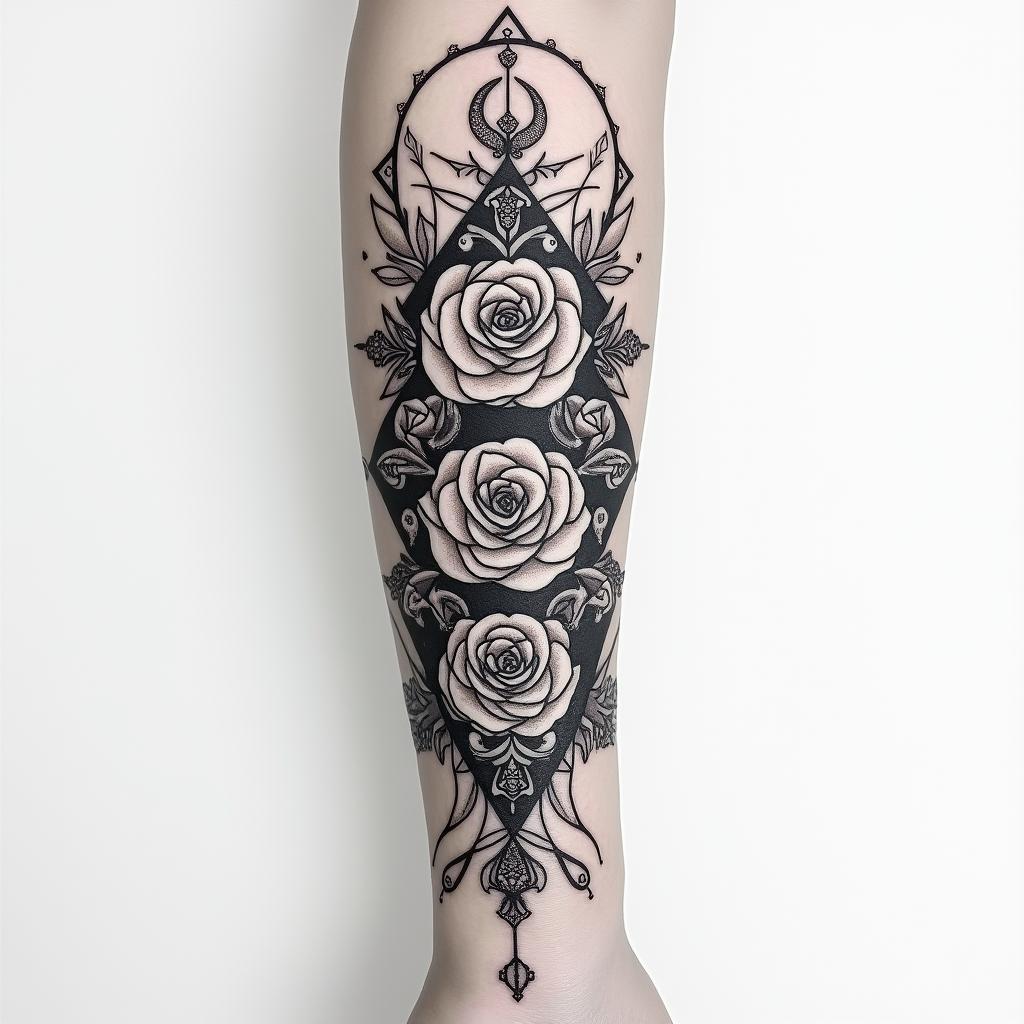 Forearm tattoo. With roses of different sizes but not too big. Fine lines, it's for a woman's arm.in paganic style tattoo, featuring ancient symbols, add vegvisir symbol, mystical figures, incorporating designs, pentagrams, runes, crescent moons,