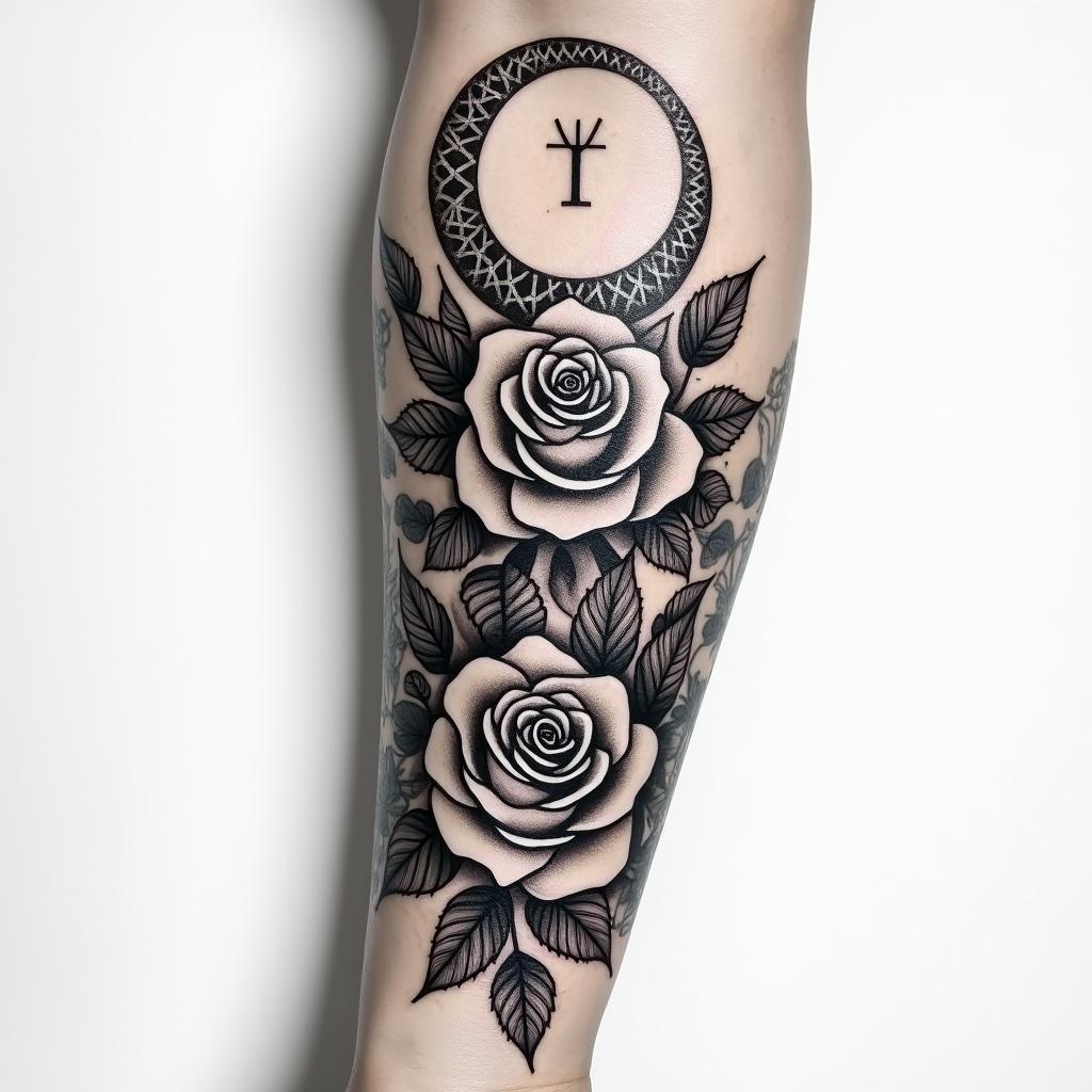 Forearm tattoo. With roses of different sizes but not too big. Fine lines, it's for a woman's arm.in paganic style tattoo, featuring ancient symbols, add vegvisir symbol, mystical figures, incorporating designs, pentagrams, runes, crescent moons, - Variation 4