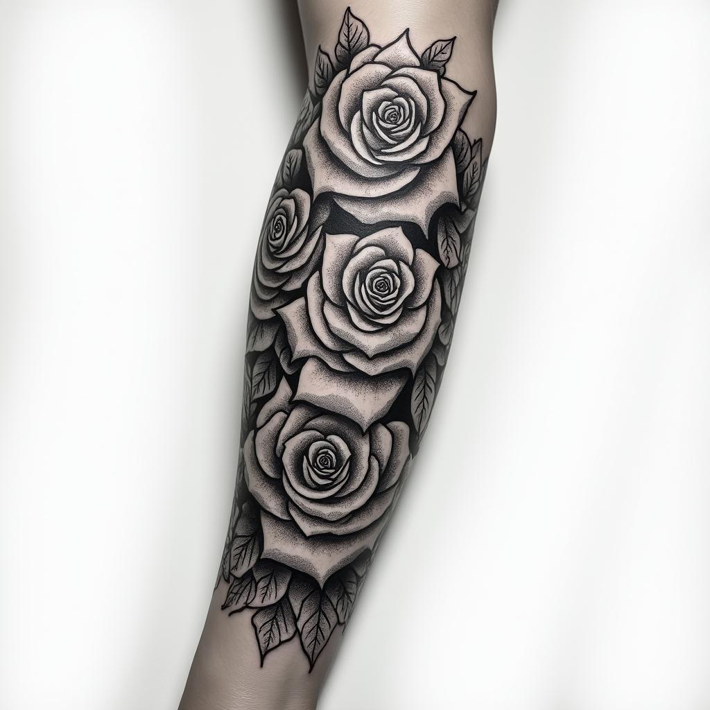 Forearm tattoo. With roses of different sizes but not too big. Fine lines, it's for a woman's arm.in paganic style tattoo, featuring ancient symbols, add vegvisir symbol, mystical figures, incorporating designs, pentagrams, runes, crescent moons, - Variation 2