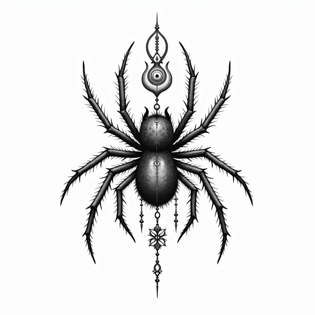 Spiderin spiritual symbols tattoo style, featuring an intricate design incorporating elements, Hamsa hand, third eye, minimalist composition - Variation 2