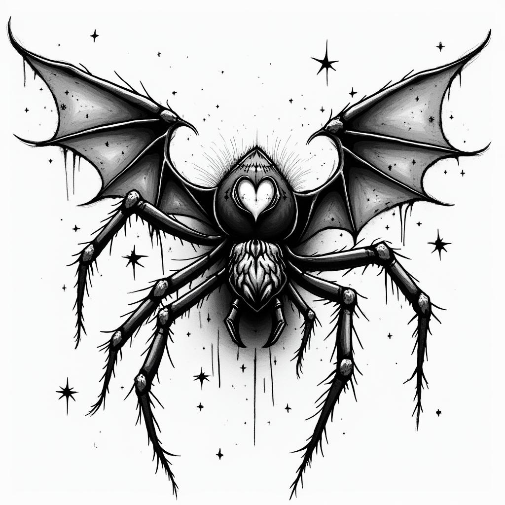 Spiderin graffiti style tattoo, featuring bold and dynamic street art elements, spray-paint texture with exaggerated lines and expressive, chaotic brushstrokes, intricate lettering incorporated with graffiti tags, symbols like hearts, stars, and wings - Variation 4