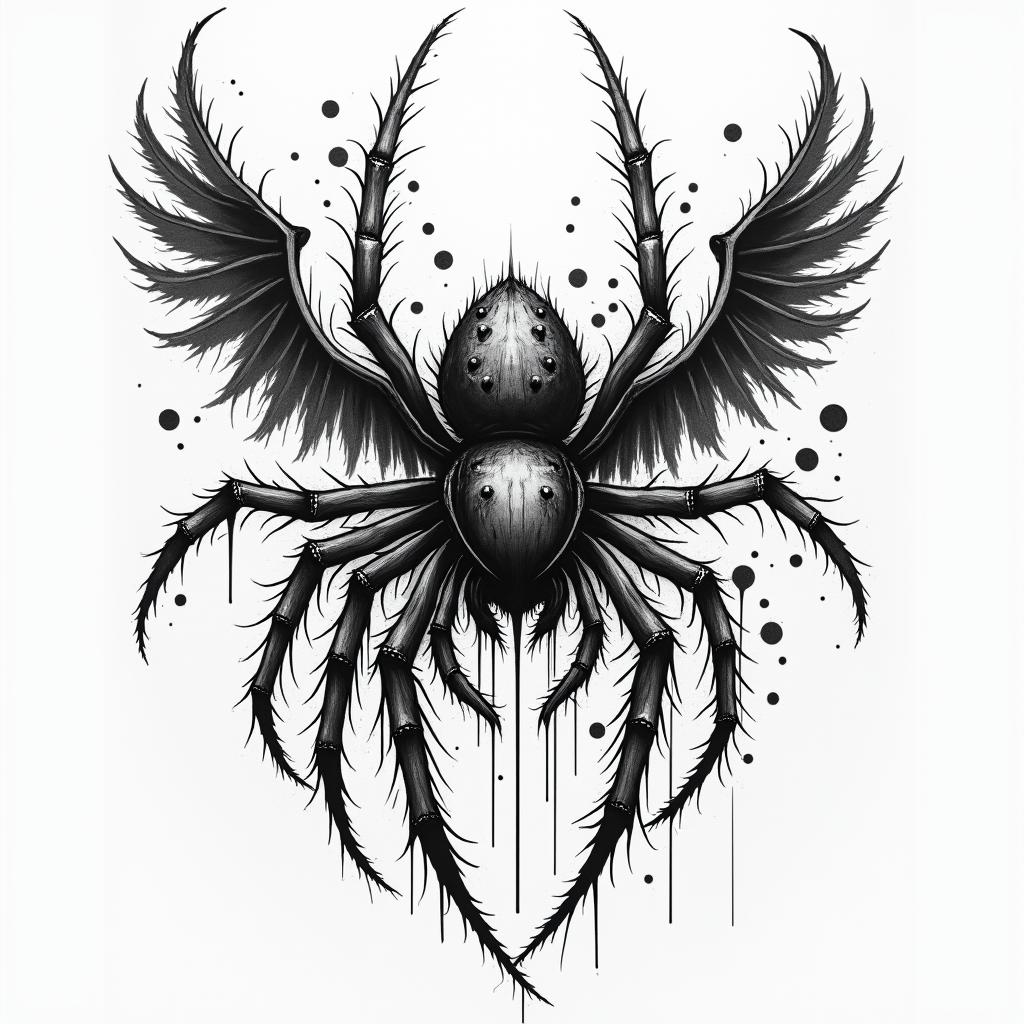 Spiderin graffiti style tattoo, featuring bold and dynamic street art elements, spray-paint texture with exaggerated lines and expressive, chaotic brushstrokes, intricate lettering incorporated with graffiti tags, symbols like hearts, stars, and wings - Variation 2