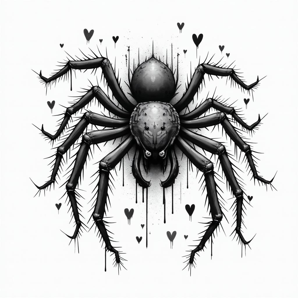 Spiderin graffiti style tattoo, featuring bold and dynamic street art elements, spray-paint texture with exaggerated lines and expressive, chaotic brushstrokes, intricate lettering incorporated with graffiti tags, symbols like hearts, stars, and wings