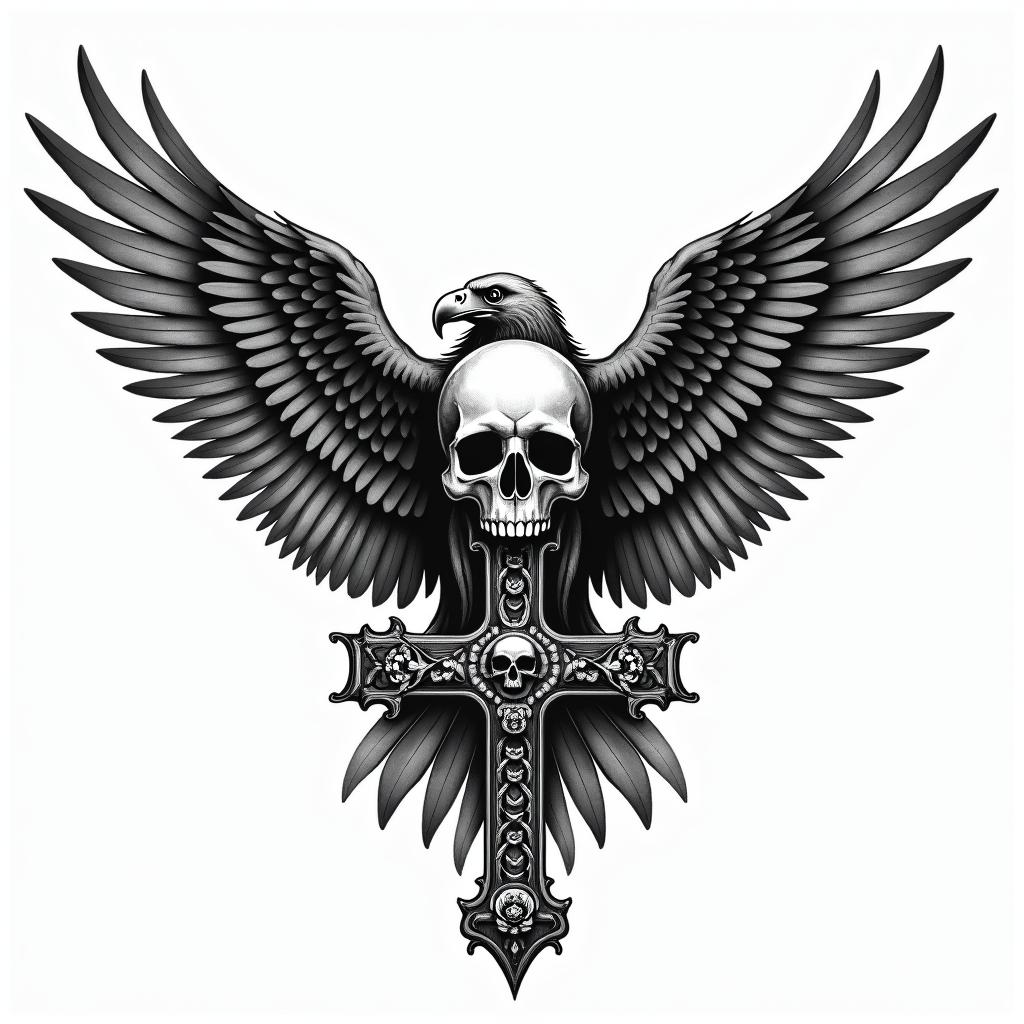 Eagle with a skull head and wings openin chicano style tattoo, featuring intricate black and grey shading, bold elements of traditional chicano culture symbols, add a big cross with skull, chains and roses - Variation 2