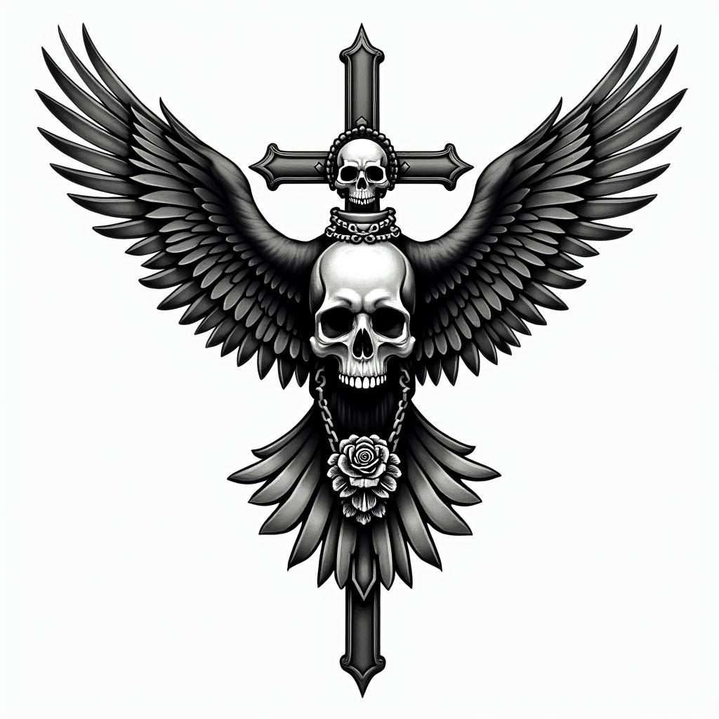 Eagle with a skull head and wings openin chicano style tattoo, featuring intricate black and grey shading, bold elements of traditional chicano culture symbols, add a big cross with skull, chains and roses - Variation 4