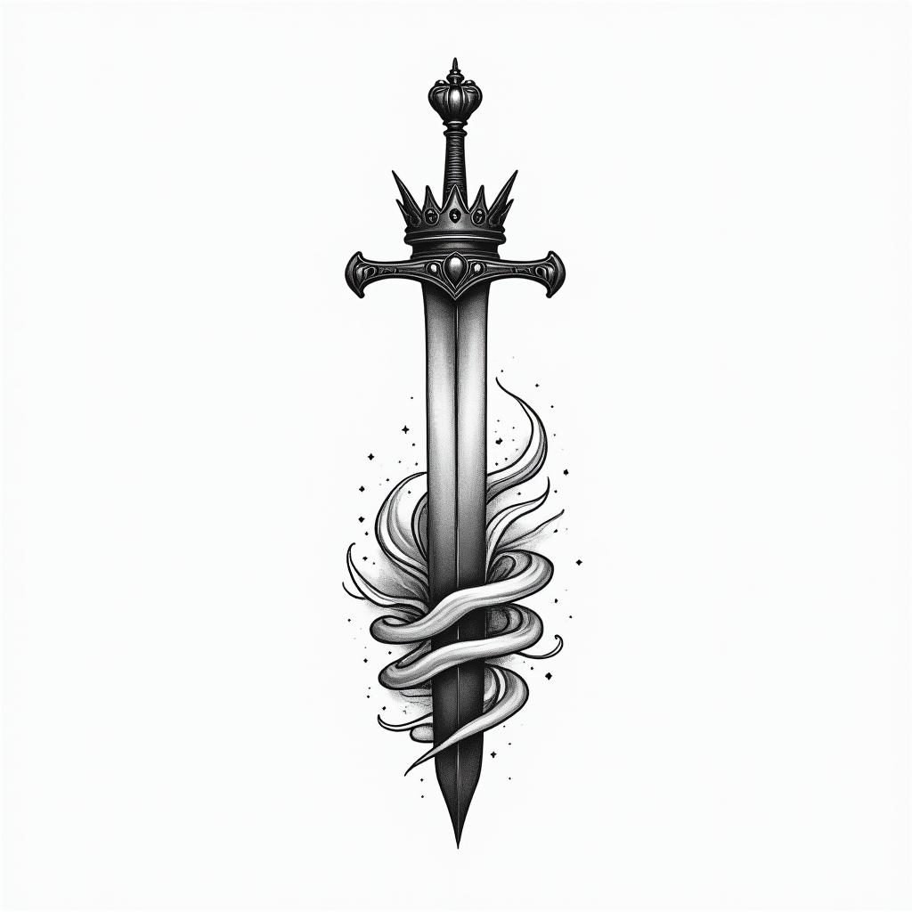 An crown whit a sword true itin Modest style tattoo, featuring soft, delicate line work with simple and meaningful symbols, gentle waves, a heart, evoking a sense of serenity and grace,