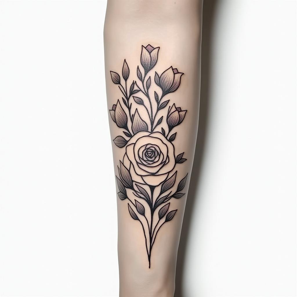 Forearm tattoo. With roses of different sizes but not too big. Thin lines, it's for a woman's arm.in Modest style tattoo, featuring soft, delicate line work with simple and meaningful symbols, gentle waves, a heart, evoking a sense of serenity and grace, - Variation 4
