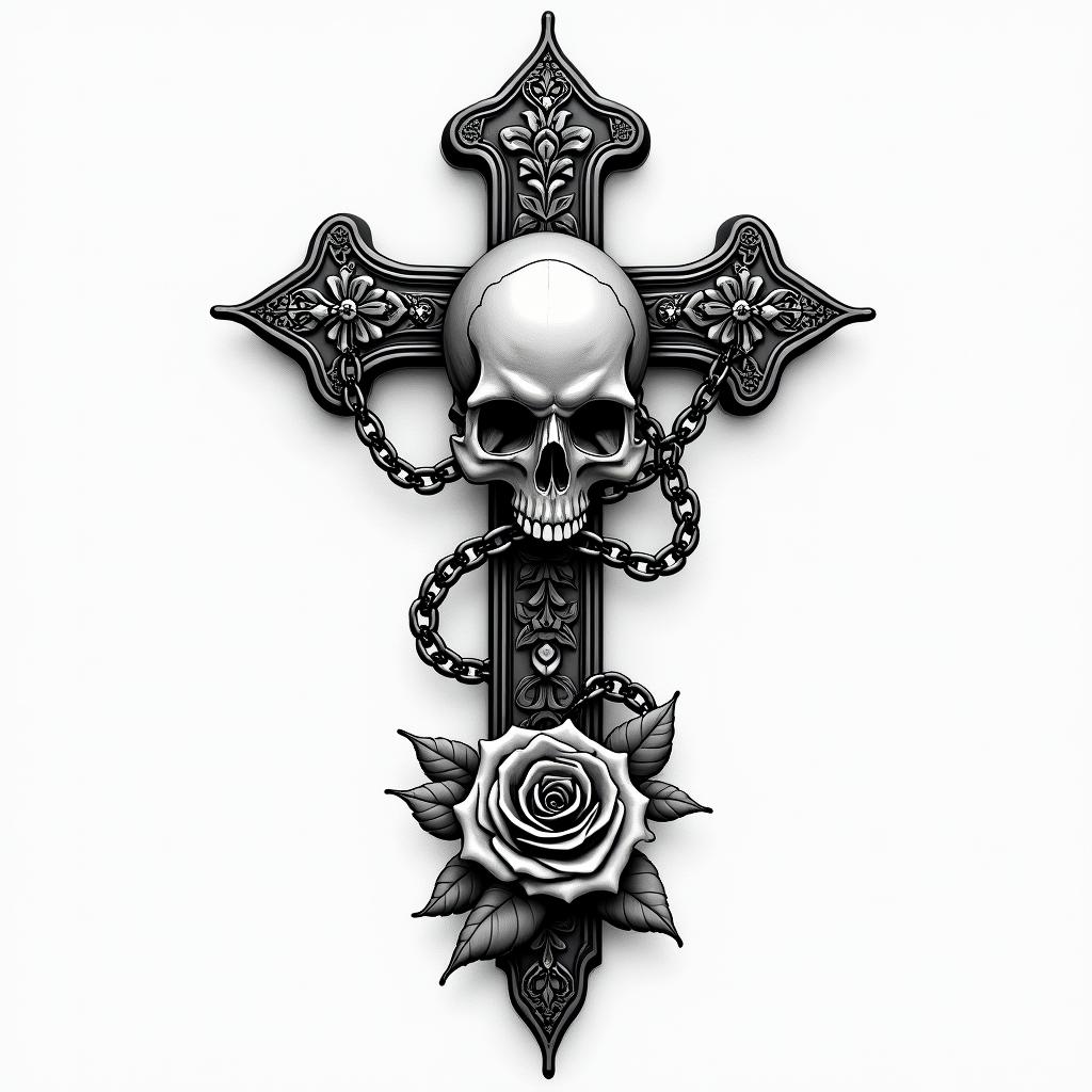 Killerin chicano style tattoo, featuring intricate black and grey shading, bold elements of traditional chicano culture symbols, add a big cross with skull, chains and roses