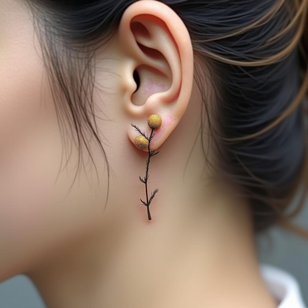 Delicate and tiny golden poppy tattoo with stages of bloom, behind the ear, in a minimalistic form.undefined