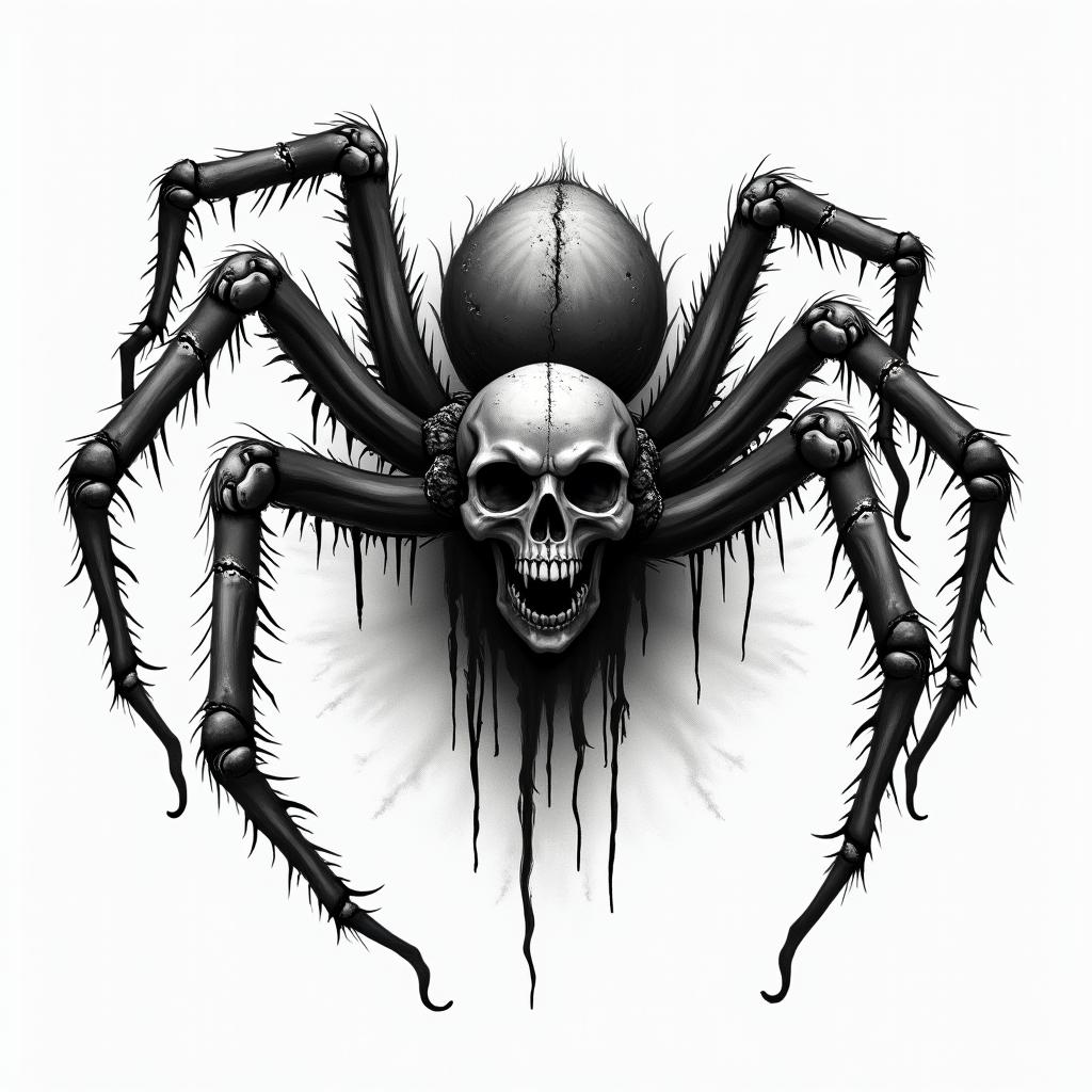 Spider in horror tattoo style, showcasing haunting and unsettling, dark and gritty textures with skulls, eerie faces, jgged designs, bold and intense shading