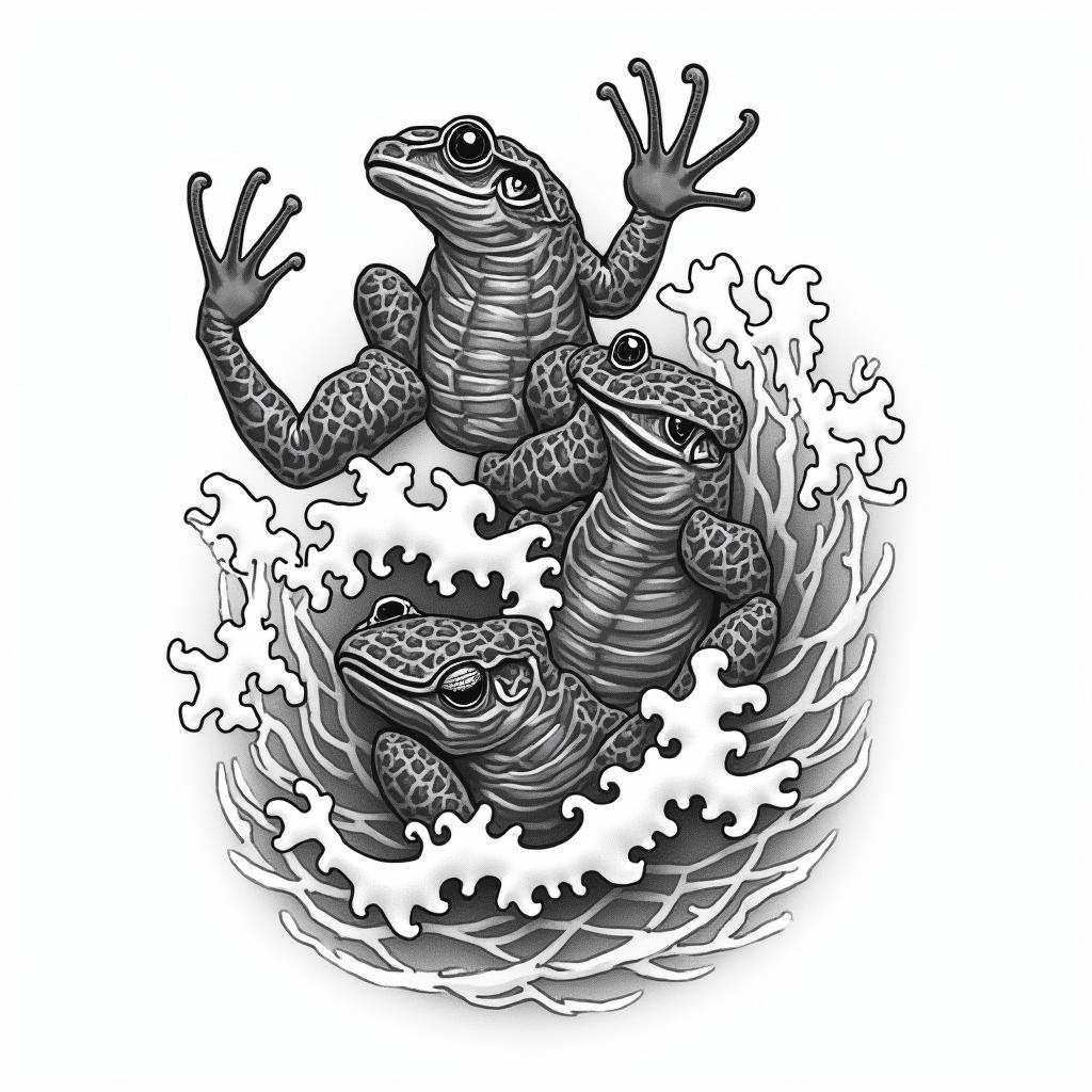Ninja frogs with wavesin japanese style tattoo, detailed tattoo, traditional japanese culture tattoo, mythology, 8k - Variation 2