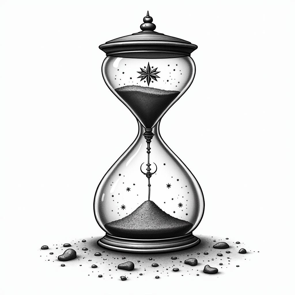 Sand timer with broken glass running out of sandin paganic style tattoo, featuring ancient symbols, add vegvisir symbol, mystical figures, incorporating designs, pentagrams, runes, crescent moons, - Variation 2