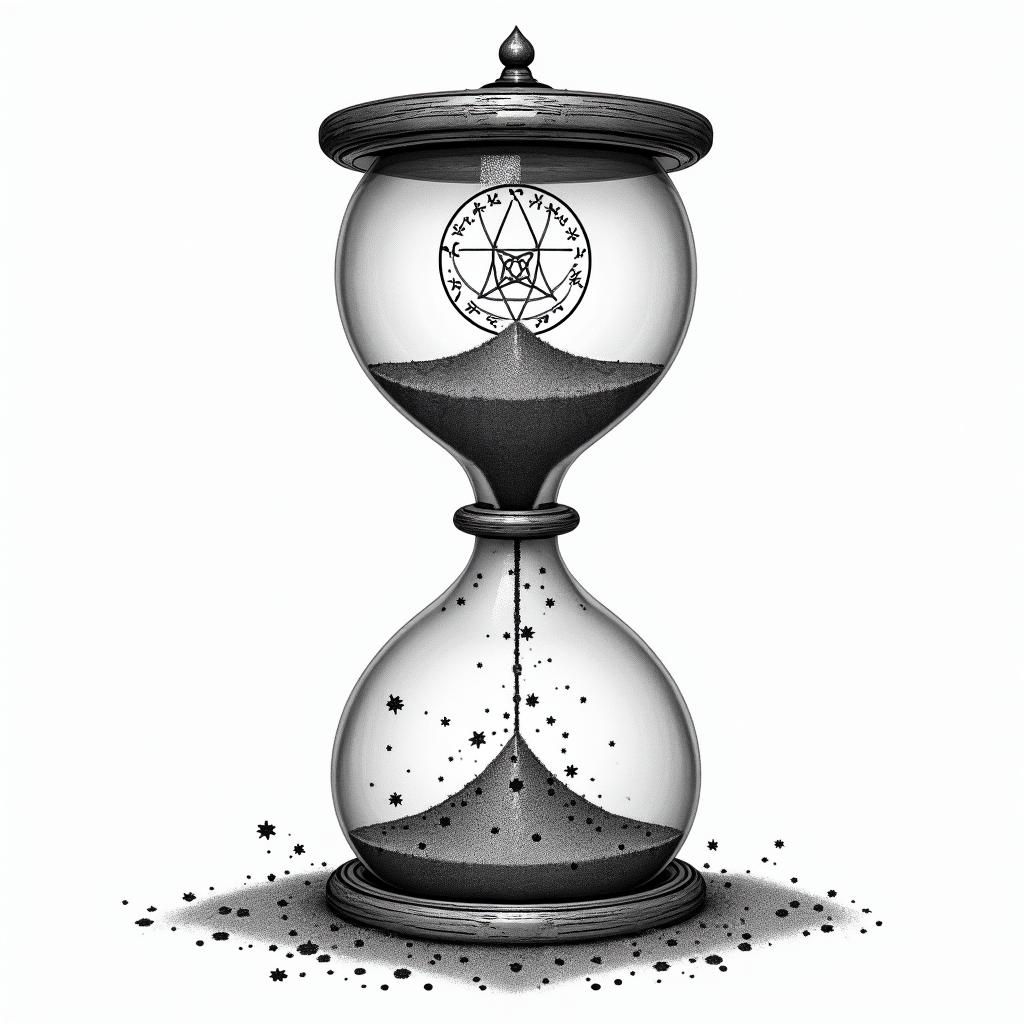 Sand timer with broken glass running out of sandin paganic style tattoo, featuring ancient symbols, add vegvisir symbol, mystical figures, incorporating designs, pentagrams, runes, crescent moons,