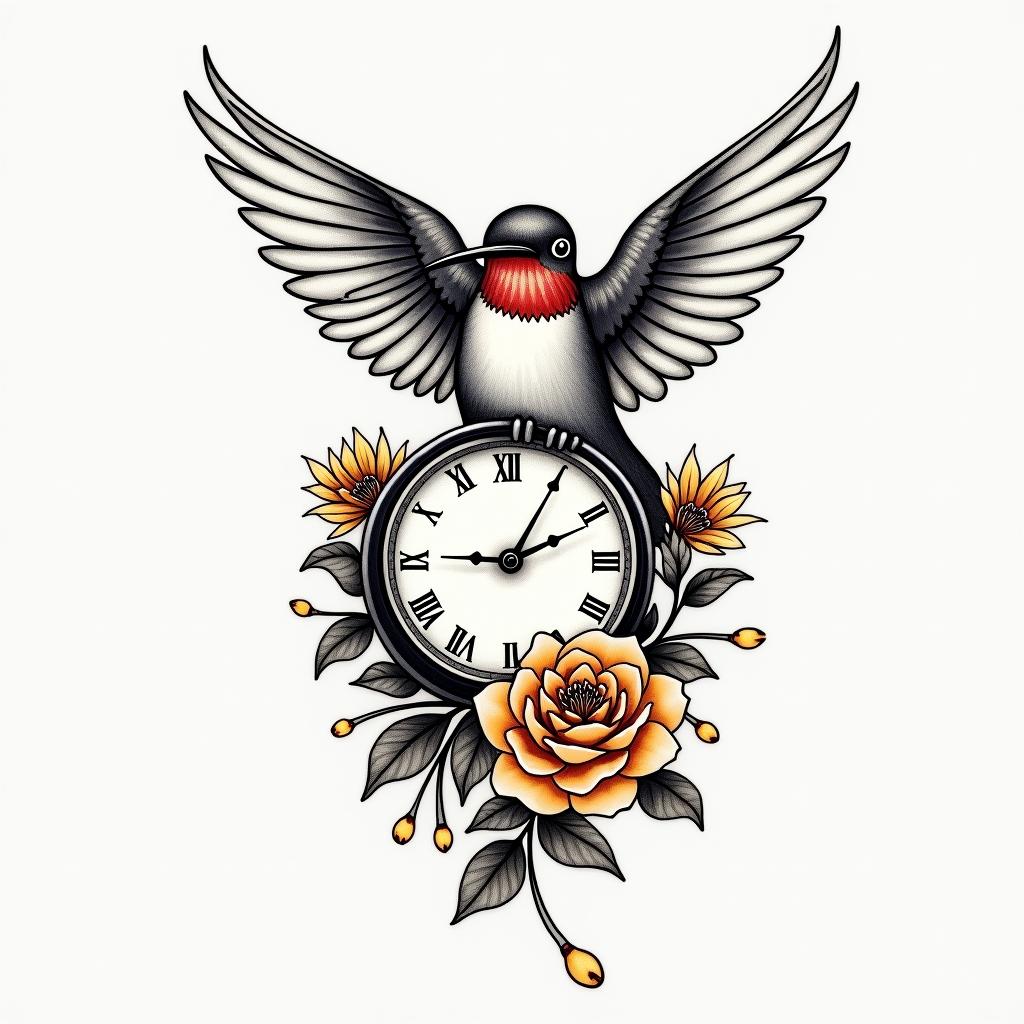 Hummingbird holding a clock with a writing carpe diem. It needs to be in colour as it will blend with black and grey peonies I have on the top and a red and yellow tattoo I have at the backin japanese style tattoo, detailed tattoo, traditional japanese culture tattoo, mythology, 8k - Variation 2