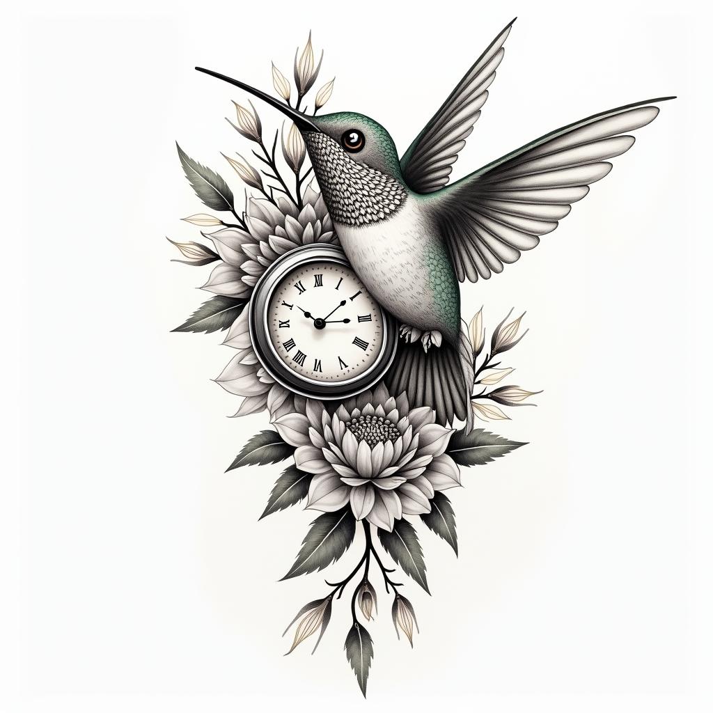 Hummingbird holding a clock with a writing carpe diem. It needs to be in colour as it will blend with black and grey peonies I have on the top and a red and yellow tattoo I have at the backin japanese style tattoo, detailed tattoo, traditional japanese culture tattoo, mythology, 8k - Variation 3