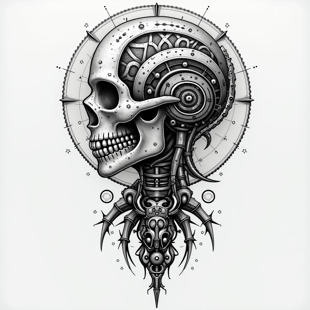 Initials of the name in Rosario of Santa Muerte.tattoo in biomechanic style, the tattoo covered by robotic elements of futuristic cyberpunk design, robotic features detail, showcasing intricate mechanical components - Variation 4