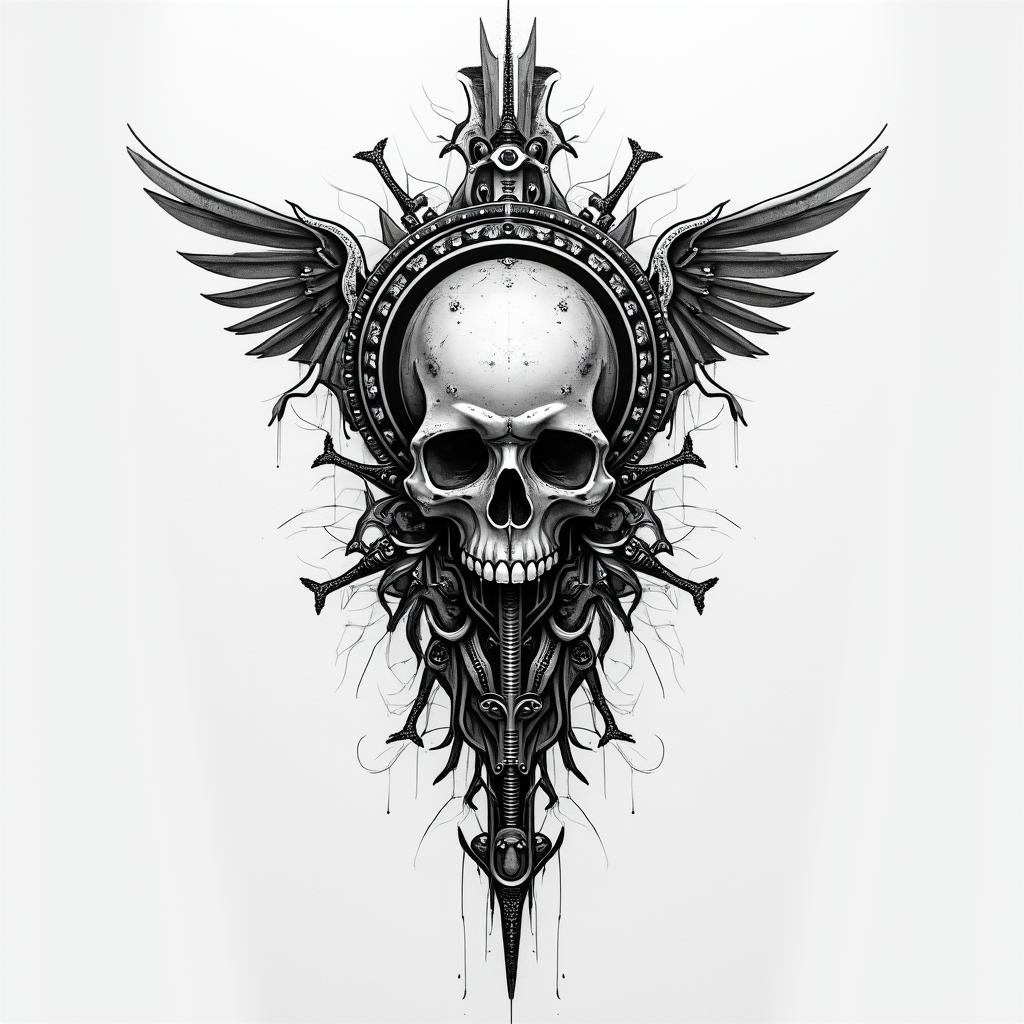 Initials of the name in Rosario of Santa Muerte.tattoo in biomechanic style, the tattoo covered by robotic elements of futuristic cyberpunk design, robotic features detail, showcasing intricate mechanical components - Variation 3