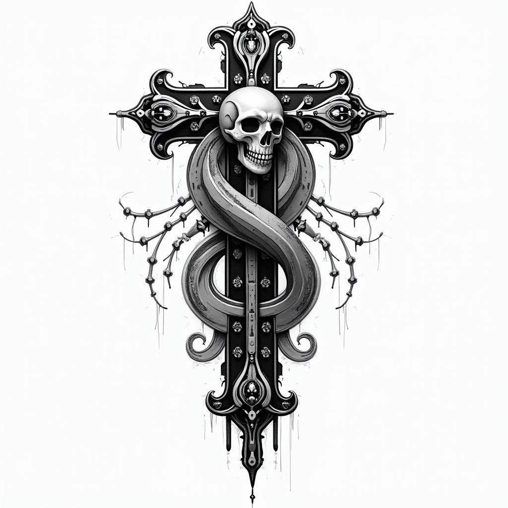 Initials of the name in Rosario of Santa Muerte.tattoo in biomechanic style, the tattoo covered by robotic elements of futuristic cyberpunk design, robotic features detail, showcasing intricate mechanical components - Variation 2