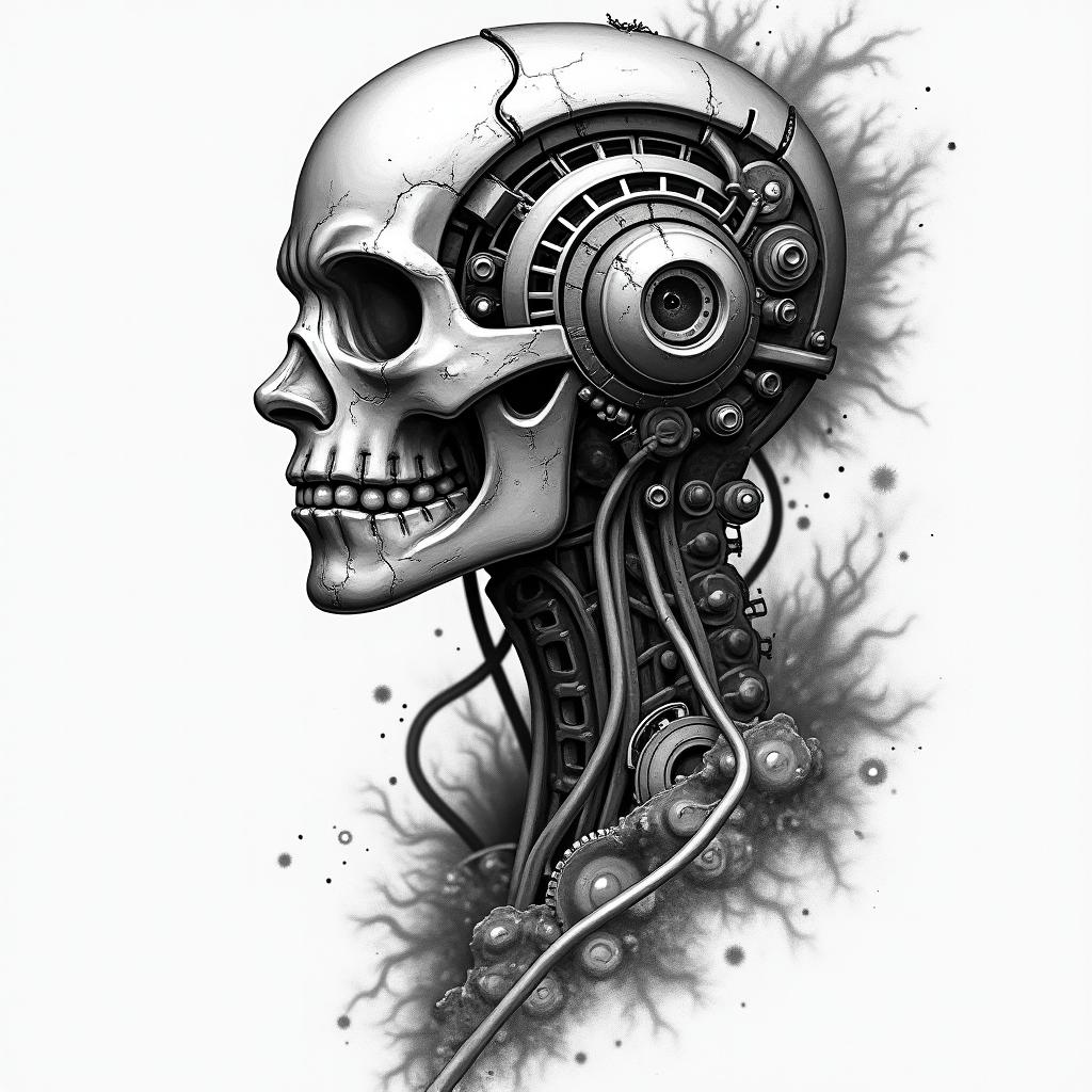Initials of the name in Rosario of Santa Muerte.tattoo in biomechanic style, the tattoo covered by robotic elements of futuristic cyberpunk design, robotic features detail, showcasing intricate mechanical components