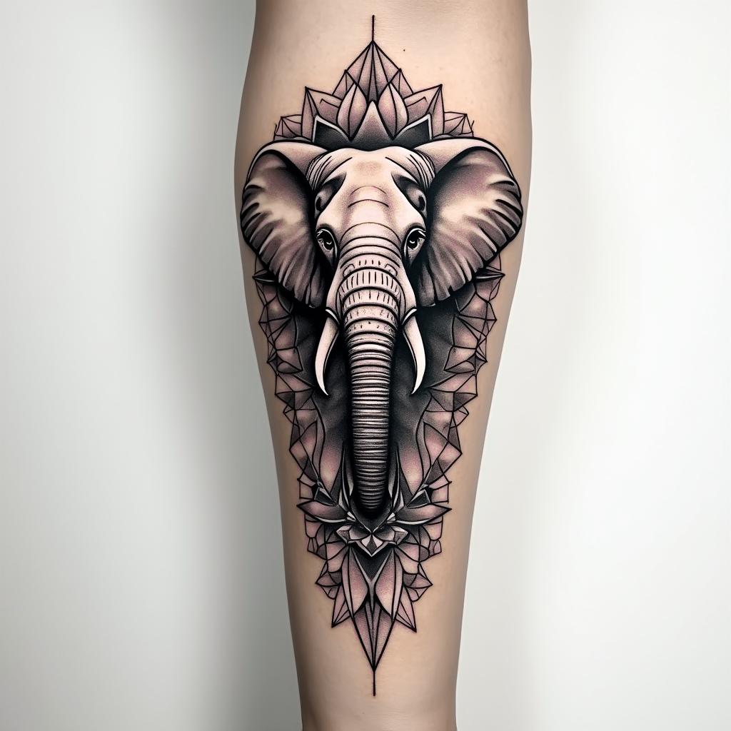 Inner forearm with an elephant in geometric style tattoo, blending hexagons, mandala-inspired patterns, symmetrical and fractal design, clean lines, sharp angles