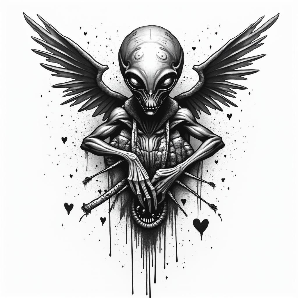 Alien abductionin graffiti style tattoo, featuring bold and dynamic street art elements, spray-paint texture with exaggerated lines and expressive, chaotic brushstrokes, intricate lettering incorporated with graffiti tags, symbols like hearts, stars, and wings