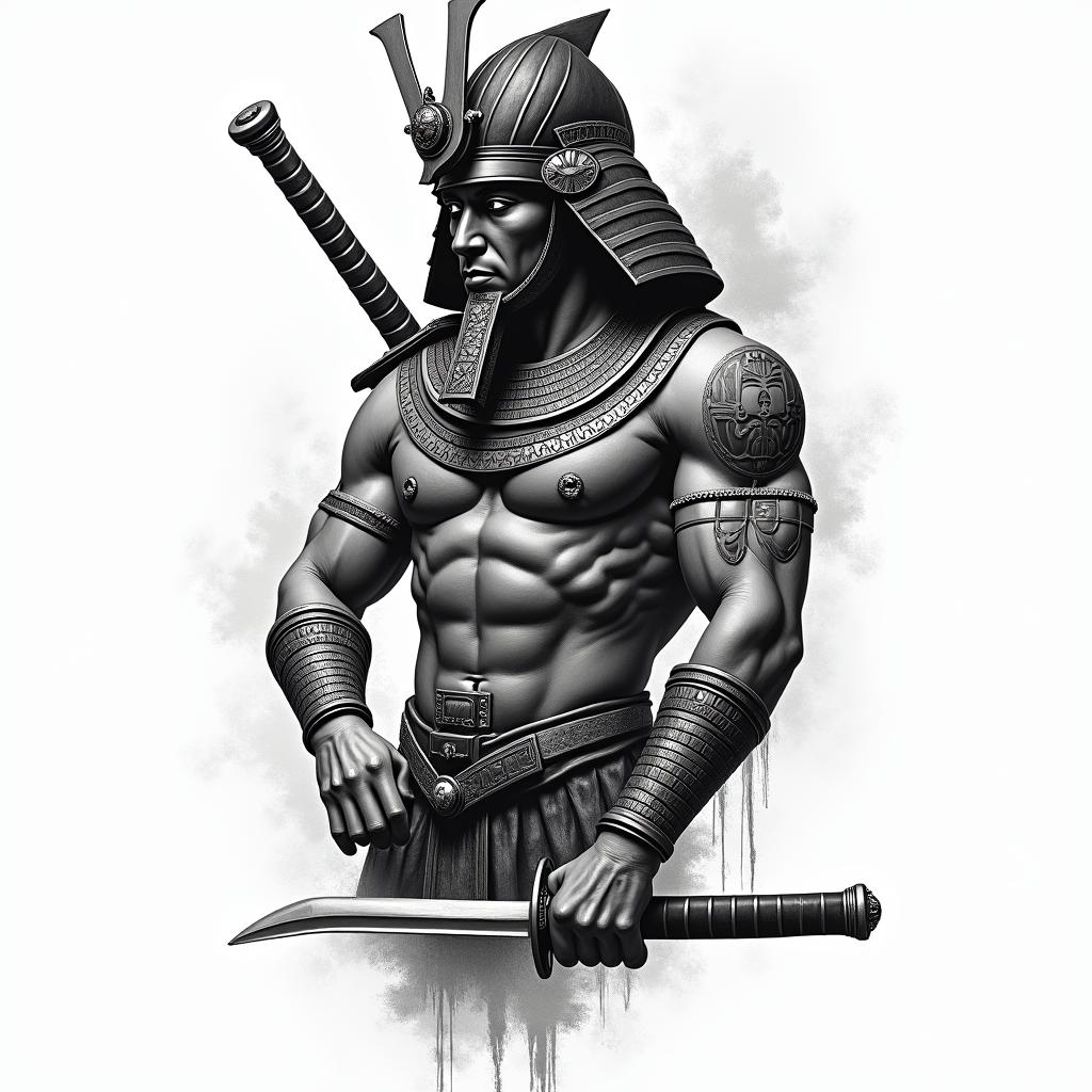 Samurai with a katanain egyptian style tattoo, bold elements of ancient egyptian culture including a portrait of an Egyptian pharaoh with detailed facial features, in hieroglyphs and symbolic imagery, eye of horus, ankh symbol, scarab beetle