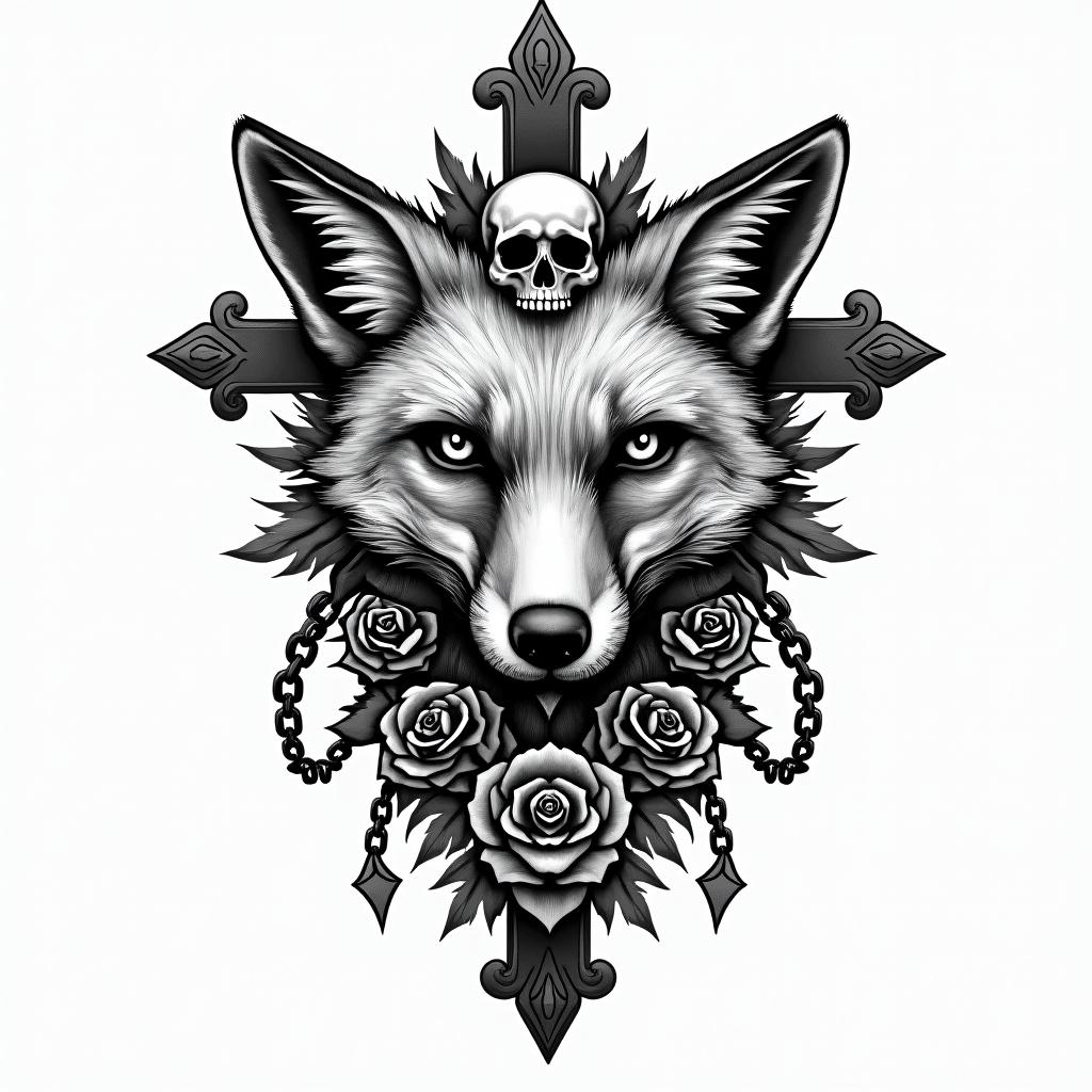 Fox animalin chicano style tattoo, featuring intricate black and grey shading, bold elements of traditional chicano culture symbols, add a big cross with skull, chains and roses - Variation 3