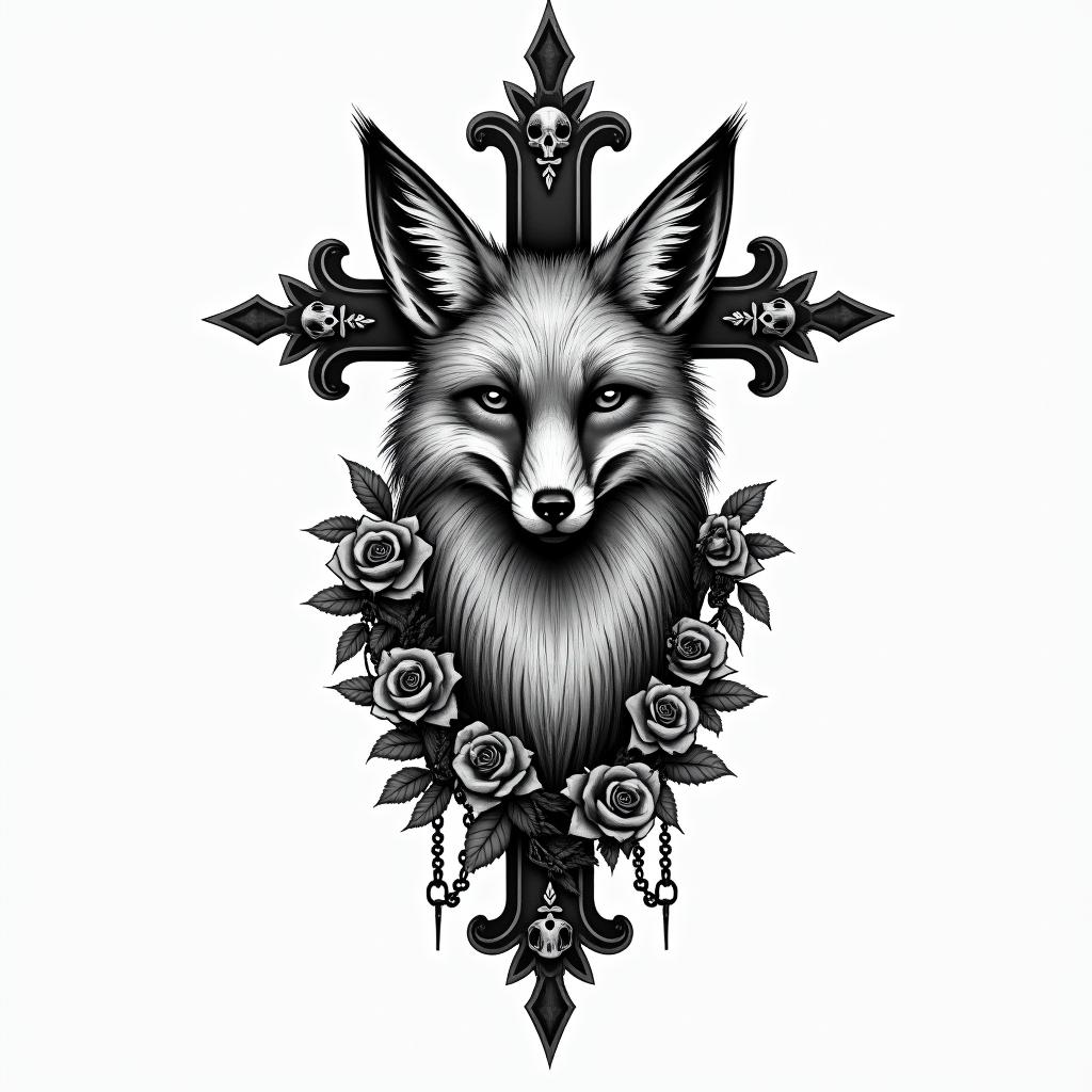 Fox animalin chicano style tattoo, featuring intricate black and grey shading, bold elements of traditional chicano culture symbols, add a big cross with skull, chains and roses - Variation 4