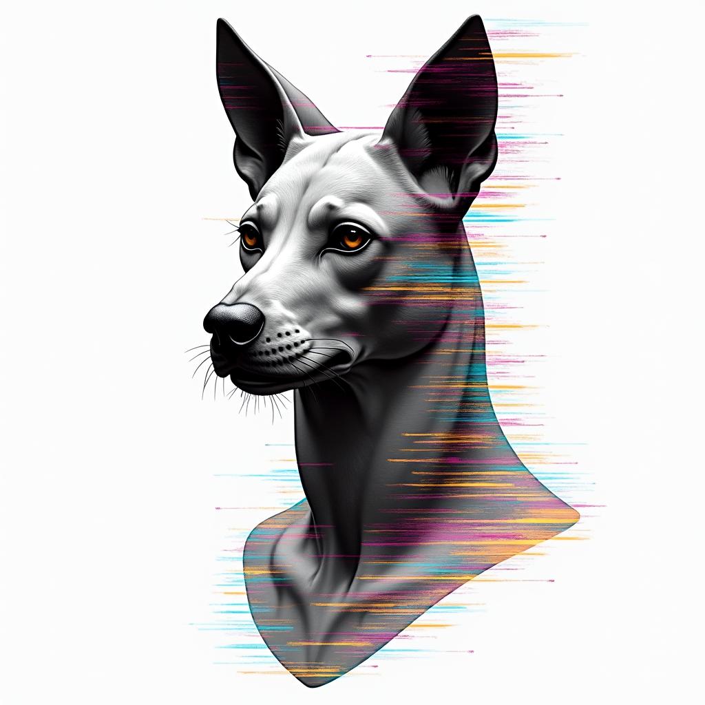 Zorro animalin distorted and fragmented tattoo design, featuring a classical statue bust, in a glitch art style with vibrant, overlapping colors of cyan, magenta, and yellow, creating a digital distortion effect - Variation 2