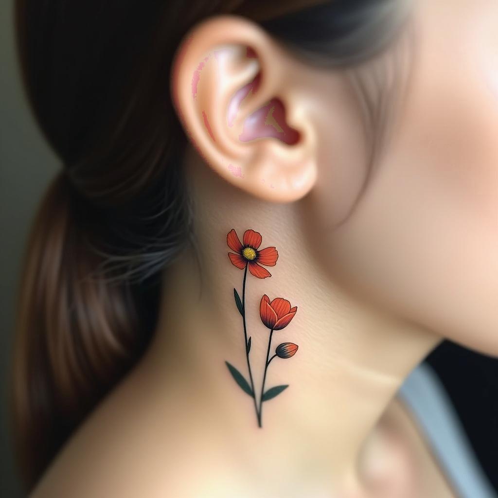 Tiny minimalistic golden poppy tattoo design, showing different blooming stages, elegantly placed behind the top of the ear.undefined