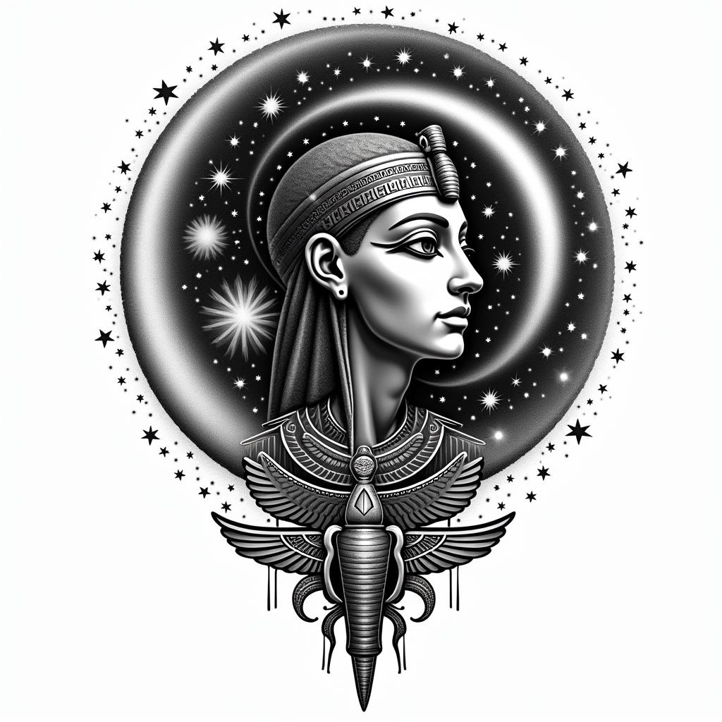 Spiral galaxy with stars and planetsin egyptian style tattoo, bold elements of ancient egyptian culture including a portrait of an Egyptian pharaoh with detailed facial features, in hieroglyphs and symbolic imagery, eye of horus, ankh symbol, scarab beetle - Variation 2