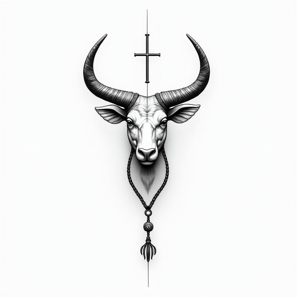 Taurus symbol and a rosaryin minimalist style tattoo, featuring simple shapes and fine lines, with minimal shading and details, tiny triangles, creating a sense of balance and harmony - Variation 4